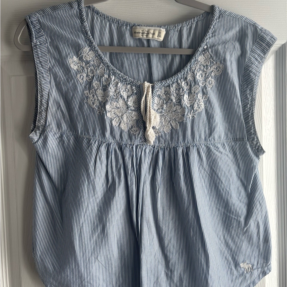 A&F Blue Smocked Sleeveless Blouse with Tie Front